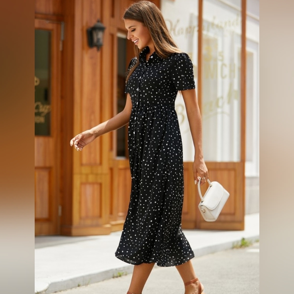 Women's Black Sheer Collared Polka Dot Short Sleeve Midi Dress Size XS EUC π - Picture 6 of 14